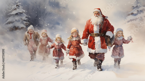 Santa Claus and Children, Vintage Style, Watercolor