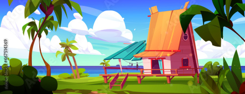 Little hut on wooden stilts with terrace on sea or lake shore with green grass and palm trees. Beach house or cottage for summer recreation and resort. Cartoon vector landscape of sealine with shack. photo