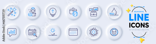 Magic wand, Business portfolio and Medical calendar line icons for web app. Pack of Sun protection, Coronavirus, Face detect pictogram icons. Analytical chat, Global business, Waterproof signs. Vector
