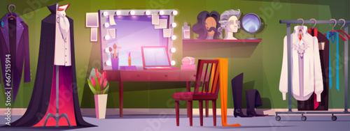 Backstage dressing and makeup room with mirror. Male dress costume for theatrical broadway illustration. Celebrity artist change studio with neon light cartoon background. Cloakroom place interior