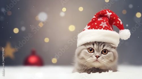 Cute cat in a Christmas hat surrounded by festive holiday decorations
