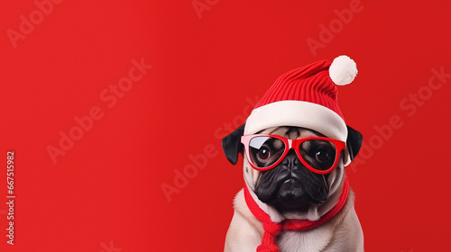 Cute dog in a Christmas hat on a red background with empty space for text © Fxquadro