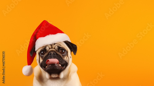 Adorable dog in Christmas hat against yellow backdrop with space for your text © Fxquadro