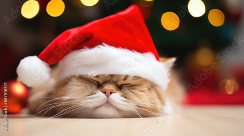 Sweetly sleeping cat in a Christmas hat in a festively decorated room