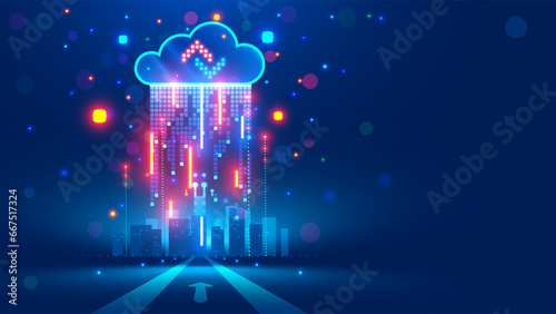 Cloud computing concept. Remote cloud data storage communication with company computer network. Cloud services. Download, upload data on internet. Digital cloud icon over Smart City. Technology IOT.