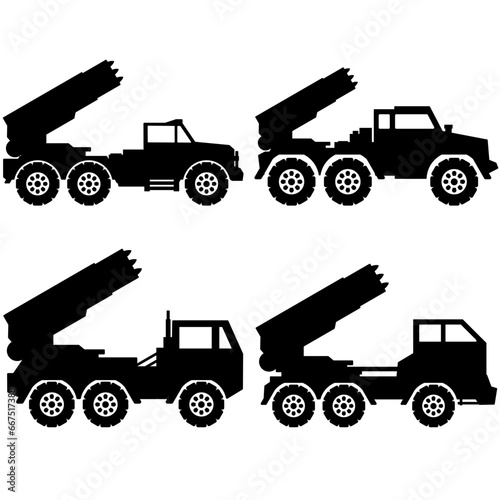 Military missile truck icon set. Missile launcher truck silhouette for icon, symbol or sign. Missile truck icon for military, war, battlefield, conflict and defense