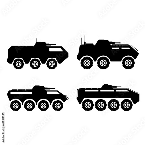 Military vehicle icon set. Armored personnel carrier silhouette for icon, symbol or sign. Armored vehicle icon for military, war, battlefield, conflict and defense
