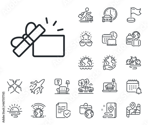 Present or Sale sign. Plane jet, travel map and baggage claim outline icons. Opened Gift box line icon. Birthday Shopping symbol. Package in Gift Wrap. Opened Gift line sign. Vector