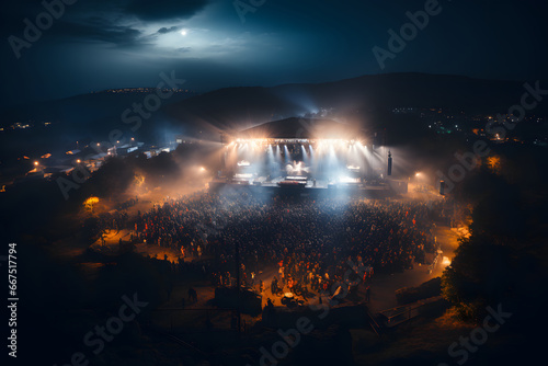 Crowded outdoor music festival at night  aerial view  with a stage  cheering crowds.