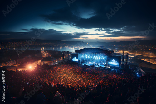 Crowded outdoor music festival at night, aerial view, with a stage, cheering crowds.