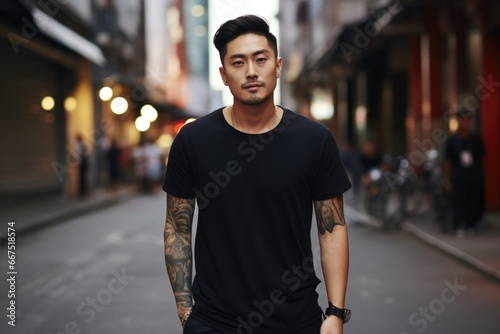 Asian man in a black T-shirt with tattoos in the city