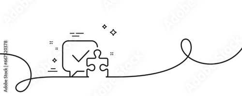 Puzzle line icon. Continuous one line with curl. Jigsaw piece with chat bubble sign. Business challenge symbol. Puzzle single outline ribbon. Loop curve pattern. Vector