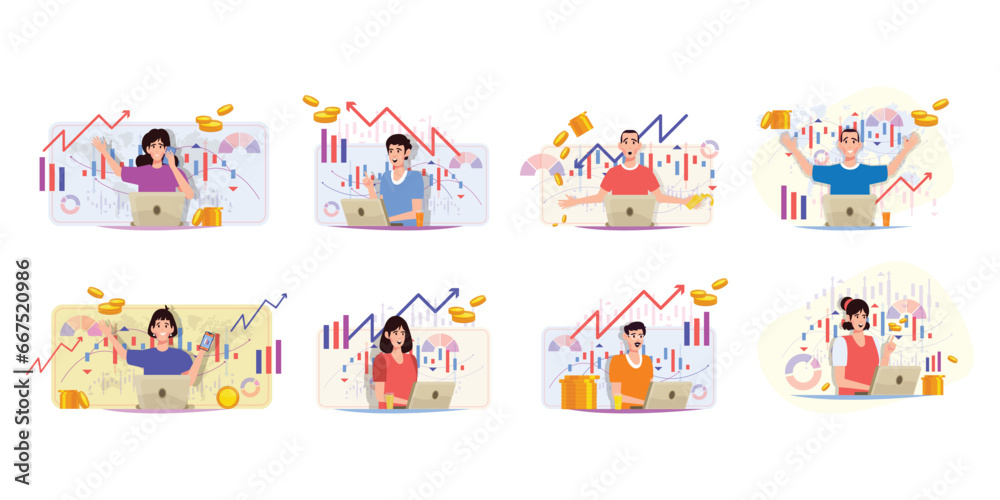A set of illustrations depicting people successfully investing in the stock market.