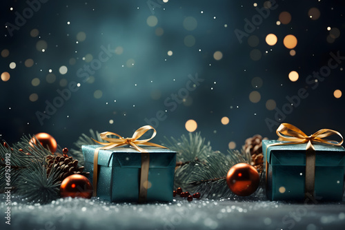 christmas tree decorations, santa claus with gifts, snowman in the snow, christmas gift boxes © fadi