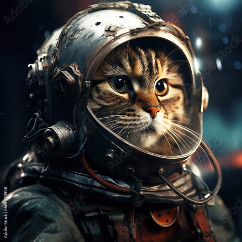 Astrocat: A tabby cat dressed in a spacesuit and helmet in a spaceship. photo