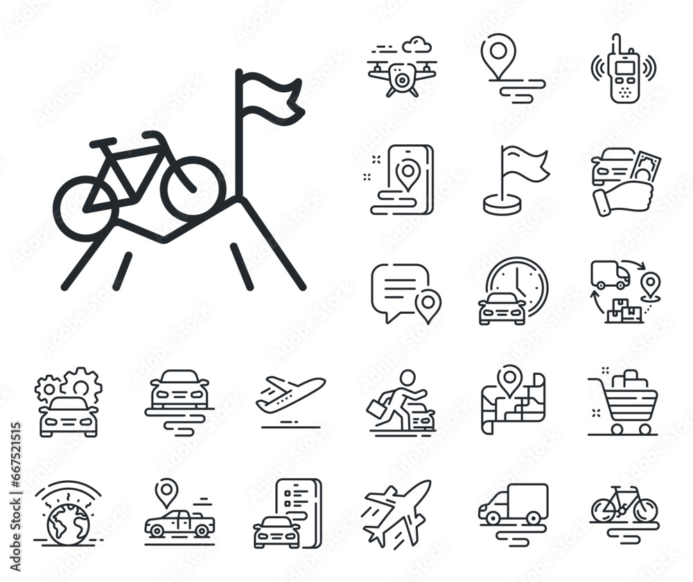 Fototapeta premium Outdoor bicycle transport sign. Plane, supply chain and place location outline icons. Mountain bike line icon. Sport activity symbol. Mountain bike line sign. Taxi transport, rent a bike icon. Vector