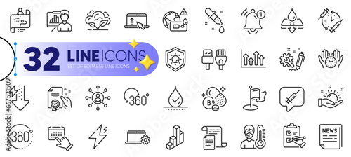 Outline set of Vaccination schedule, Computer cables and Swipe up line icons for web with Sun protection, Waterproof, Notebook service thin icon. Vitamin b6, Thermometer. Vector