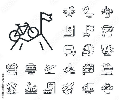 Outdoor bicycle transport sign. Plane, supply chain and place location outline icons. Mountain bike line icon. Sport activity symbol. Mountain bike line sign. Taxi transport, rent a bike icon. Vector
