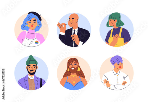 Queer people, face avatars in circles. LGBT homosexual characters, head portraits. Modern trendy men, women, transgender, user profiles set. Flat vector illustrations isolated on white background
