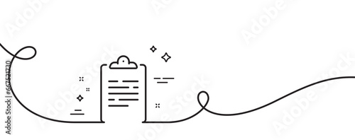 Clipboard document line icon. Continuous one line with curl. Agreement file sign. Survey record symbol. Clipboard single outline ribbon. Loop curve pattern. Vector