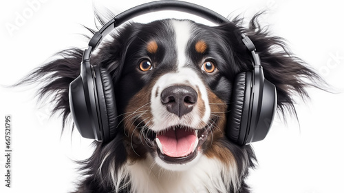 cute funny dog with headphones listening to happy disco music