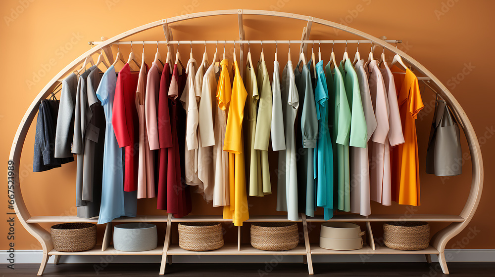 bright clothes on hangers in a fashion store