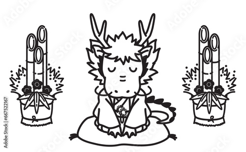 門松とお辞儀をするかわいい辰のイラスト、辰年の年賀状素材（モノクロ線画）