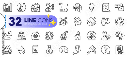 Outline set of Graph chart, Money bag and Hold heart line icons for web with Online voting, Brush, Incubator thin icon. Mental conundrum, Third party, Home pictogram icon. Battery. Vector