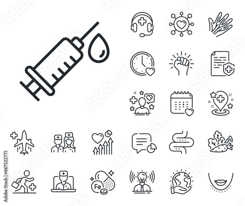 Medicine vaccine sign. Online doctor, patient and medicine outline icons. Medical syringe line icon. Pharmacy medication symbol. Medical syringe line sign. Vector