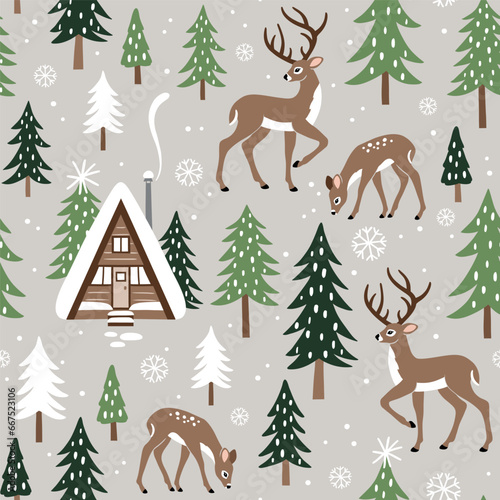 Seamless vector pattern with cute winter deer, snowy landscape with pine trees and woodland cabin. Hand drawn illustration artwork. Perfect for textile, wallpaper or print design.