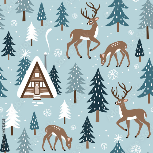 Seamless vector pattern with cute winter deer, snowy landscape with pine trees and woodland cabin. Hand drawn illustration artwork. Perfect for textile, wallpaper or print design.