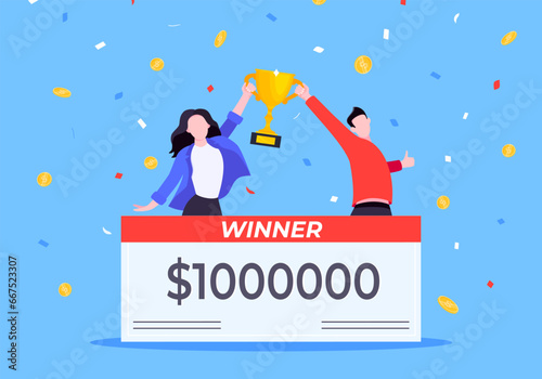 Happy lottery winners with big prize paycheck. Fortune lottery or casino gambling lucky games concept flat style design vector illustration. People jumps in the air with trophy cup. photo