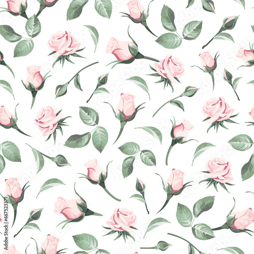 Seamless floral patterns with pink roses on the white background. 