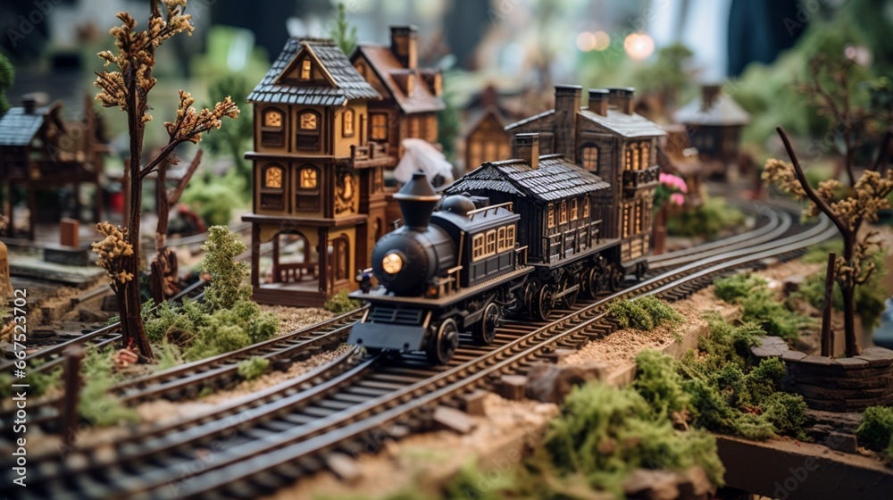 A vintage wooden toy train set on tracks, weaving through a miniature village.