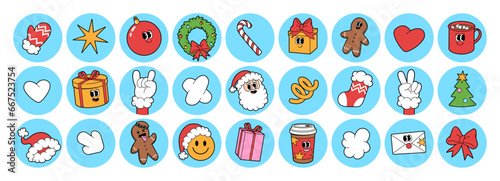 Merry Christmas and Happy New year stickers. Santa Claus gifts coffee heart gingerbread in trendy groovy retro cartoon style. Sticker pack of cartoon characters and elements.