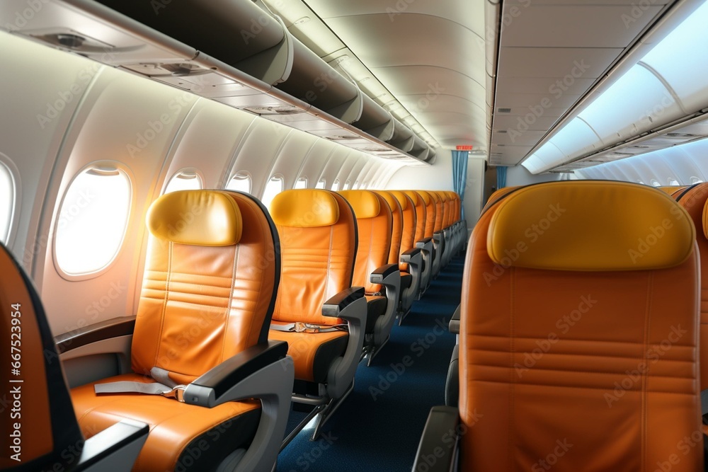 comfortable airplane cabin with seats, overhead compartments. Generative AI