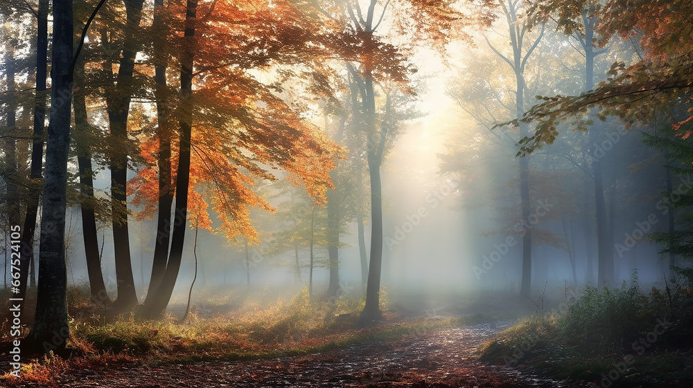 Obraz premium landscape morning in the autumn misty forest, the rays of sunlight at dawn shine through the fog in a panoramic view of the October park