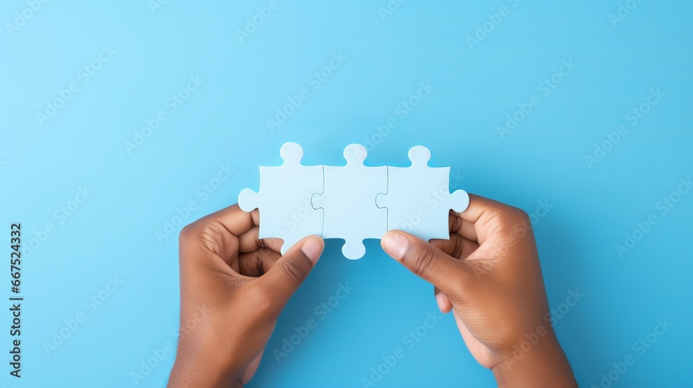 Concept of business, hands holding a jigsaw puzzle on pastel blue background Concept of business, hands holding a jigsaw puzzle on pastel blue background