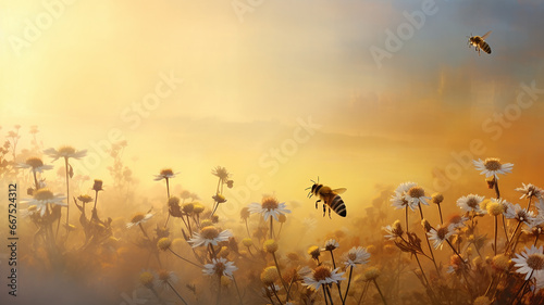 bees pollinate flowers in the morning fog of the last days of summer  landscape  silence and beauty of wildlife in early autumn