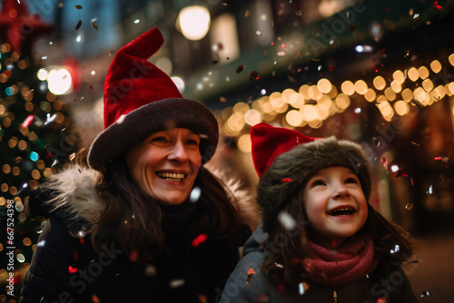 mother and daughter having fun at a Christmas fair market, candid atmosphere