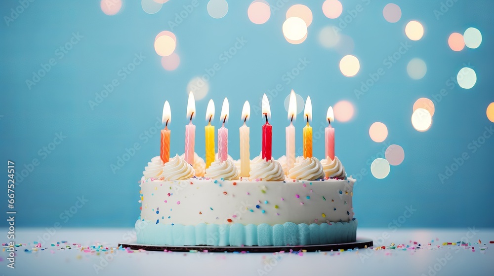 Birthday cake with candles on pastel blue background. Stock ...