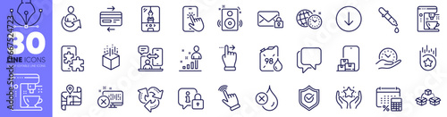 Speakers, Stats and Ranking line icons pack. No waterproof, Map, Parcel shipping web icon. Phone timing, Augmented reality, Approved shield pictogram. Scroll down, Time management. Vector
