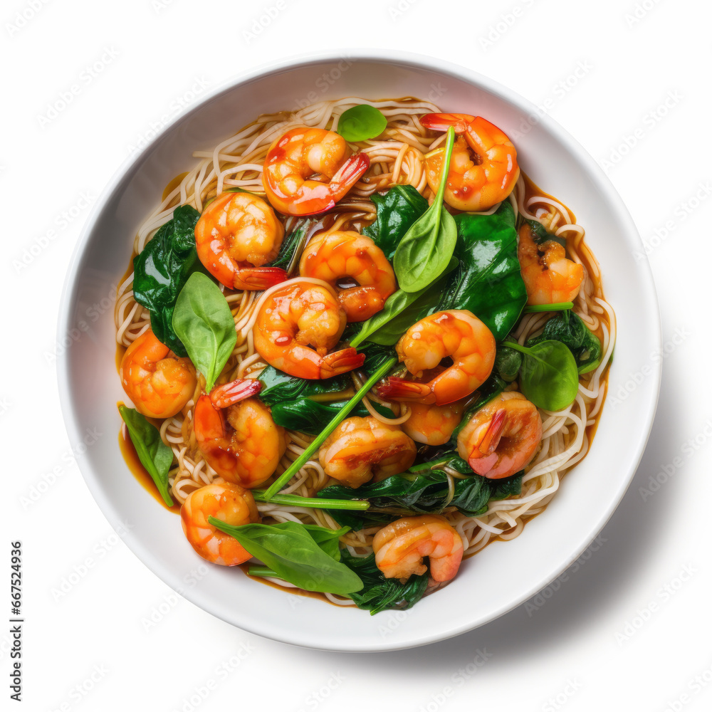 Noodles with prawns in soy sauce with spinach Noodles with prawns in soy sauce with spinach