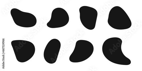 Black irregular shapes, organic blobs, liquid ink stains, distorted blots silhouettes isolated on white background. Set of amorphous asymmetric figures. Vector graphic illustration