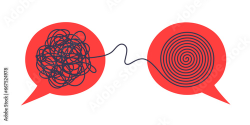 Psychologist consulting or mental problem solving brainstorm concept. Two speech bubbles conversation icons with line scribbles. Coach, mentoring psychotherapy. Complex to simple mind concept.