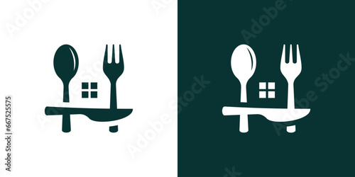logo design combining the shape of a house with a spoon, suitable for a restaurant logo.