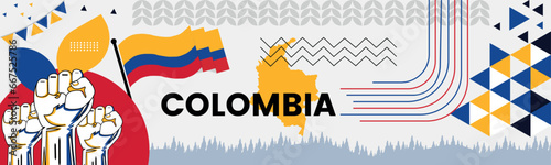 COLOMBIA national day banner with map, flag colors theme background and geometric abstract retro modern colorfull design with raised hands or fists.