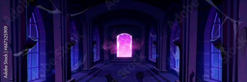 Portal door in abandoned magic castle fantasy game background. Dark medieval spooky palace room with purple aura steam doorway entrance. Broken floor inside temple with spider web illustration.
