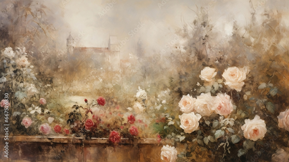 Oil painting of a garden with white and red roses, Generative AI