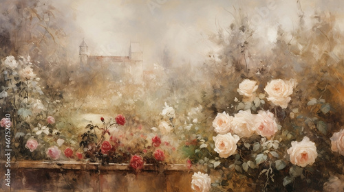 Oil painting of a garden with white and red roses, Generative AI